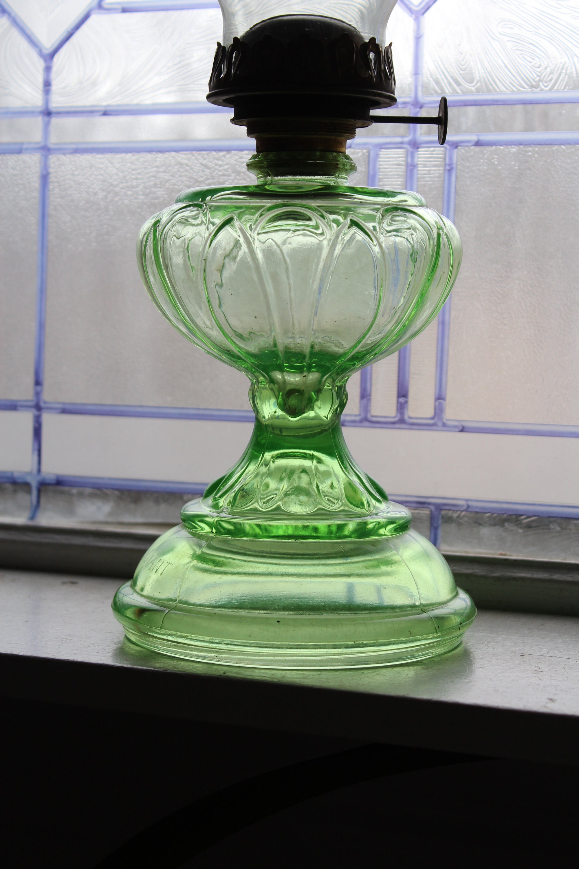 Vintage Green Depression Glass Large Oil Lamp