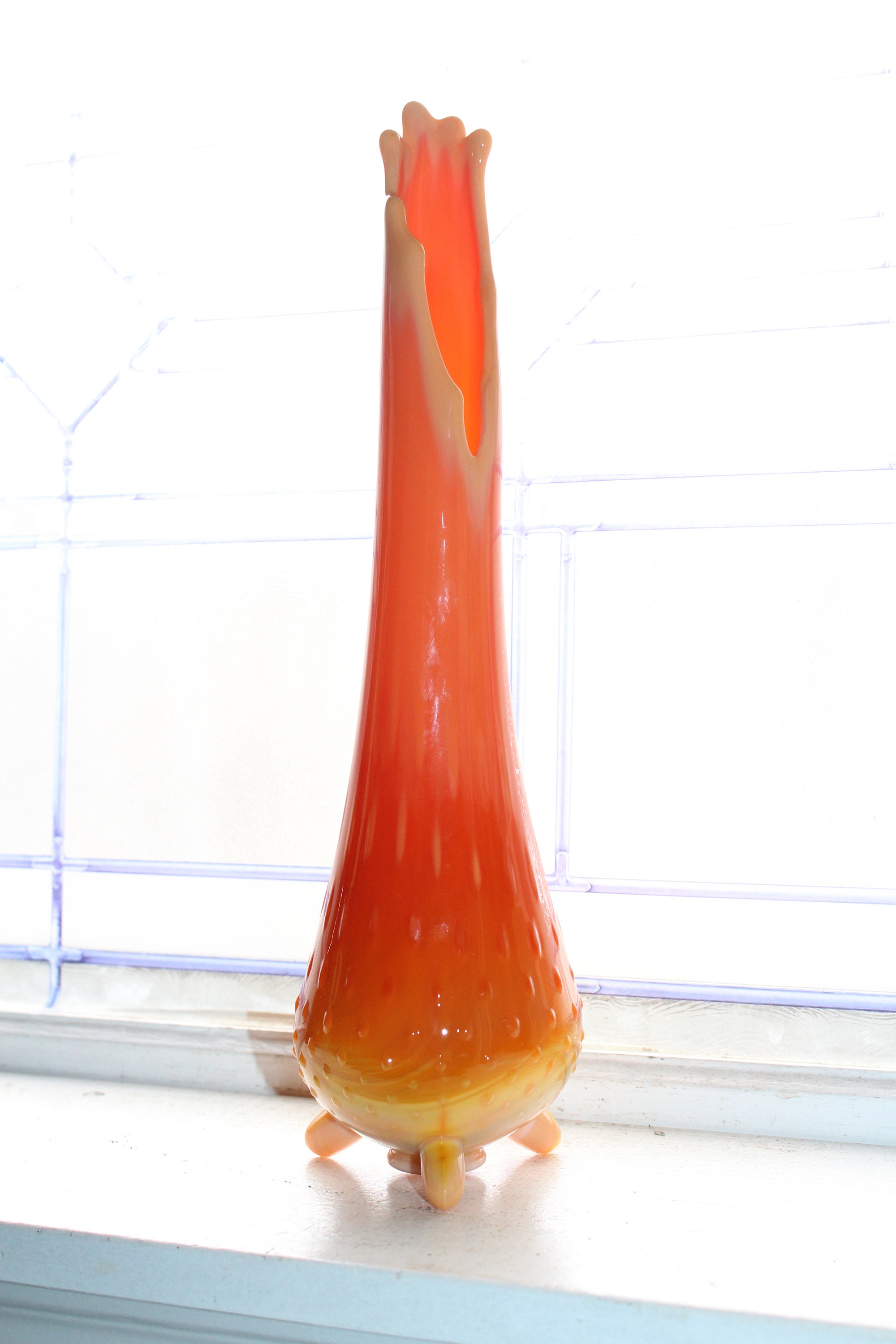 Orange Slag Swung Glass Footed Vase 14 Vintage Mid Century