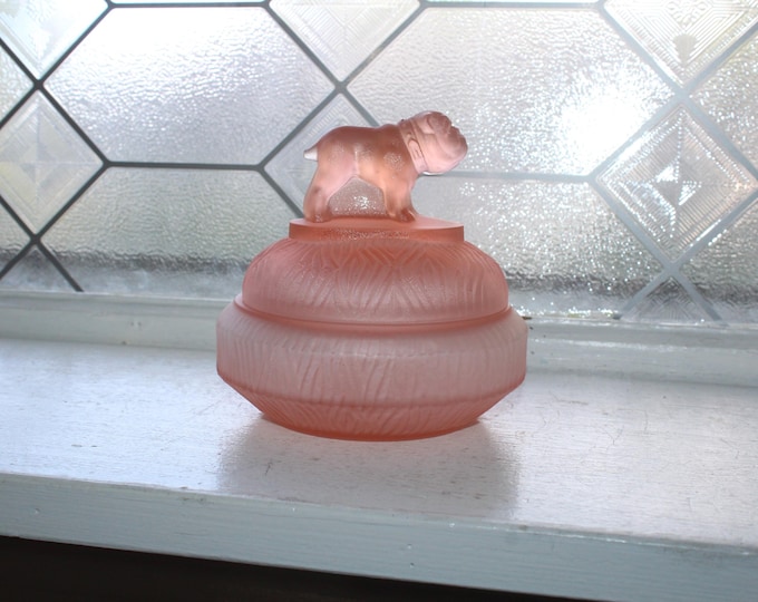 Vintage Art Deco LE Smith Pink Satin Glass Powder Jar with "Spike" Bulldog Finial