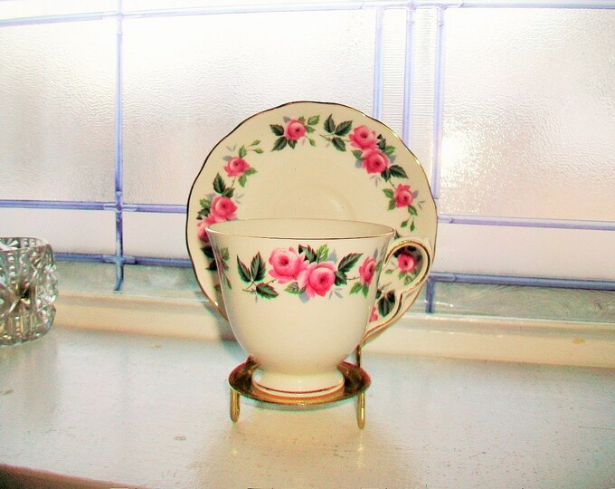 Queen Anne Tea Cup and Saucer Pink Roses Vintage Bone China Made in England