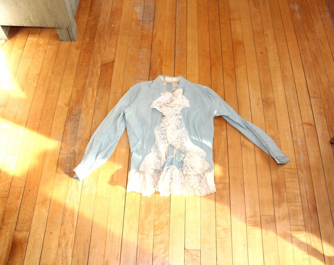 Antique 19th Century Victorian Child's Blue Blouse w/ Ribs & Milk Glass Buttons