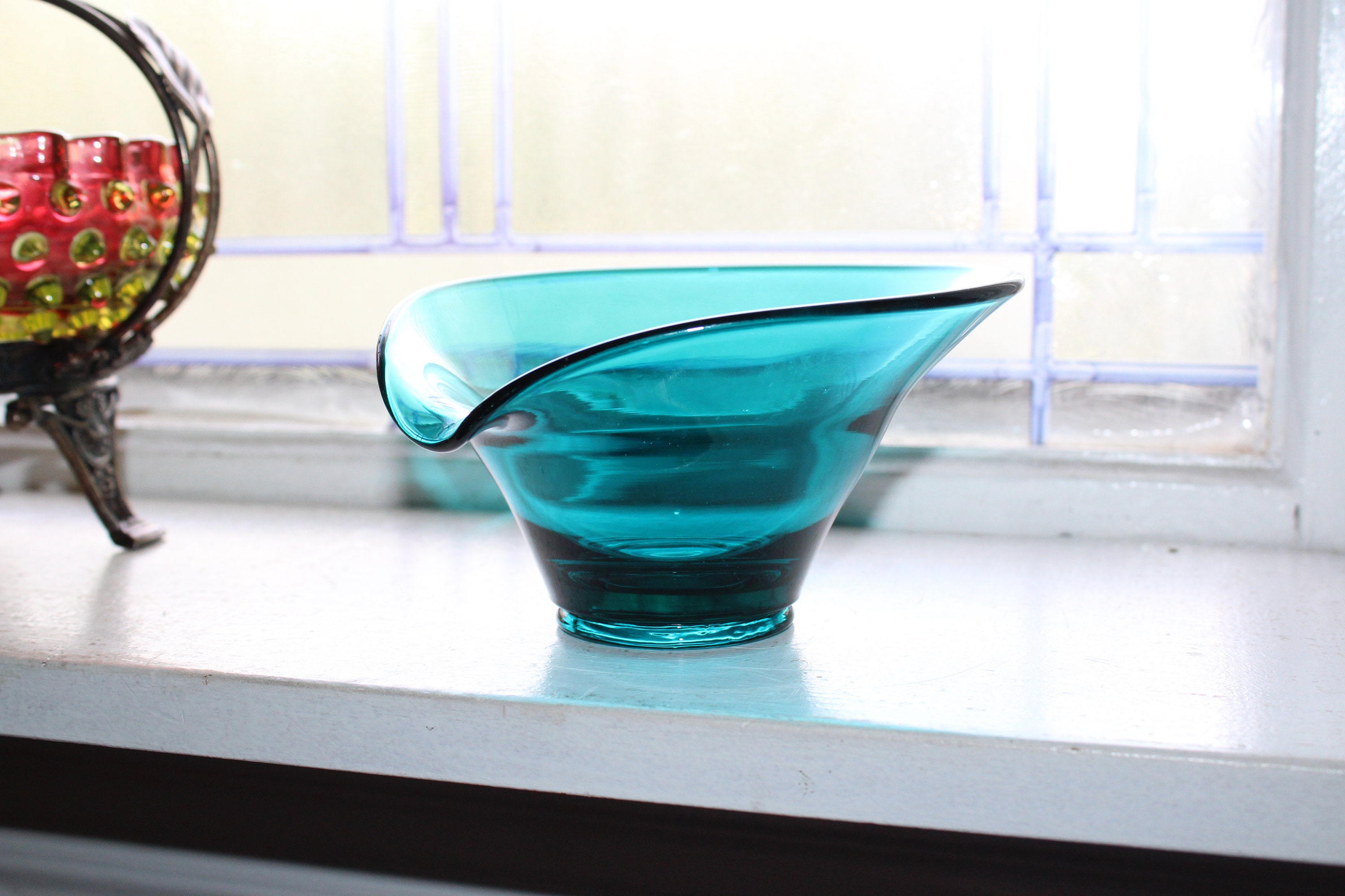 Mid Century Blue Art Glass Bowl Candy Dish Viking Glass Epic Line