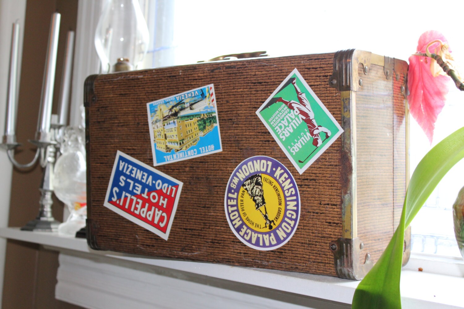 1940s Brown Metal Suitcase with Retro Travel Stickers Vintage Train Case