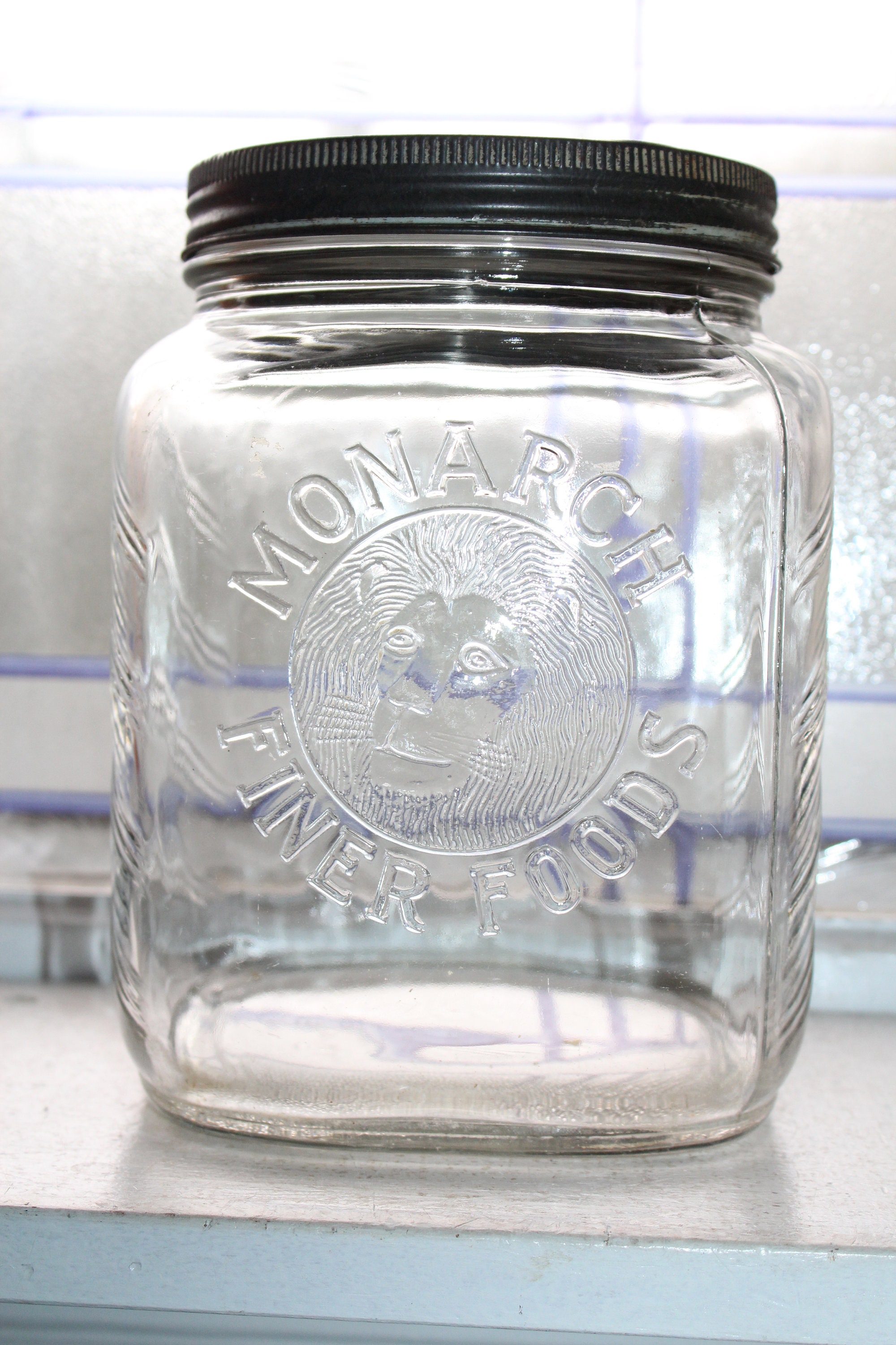 Vintage Monarch Finer Foods Jar Kitchen Canister Embossed Lion Head