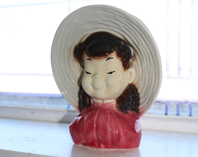 Royal Copley Wide Brim Hat Asian Girl Wall Pocket Vintage 1950s