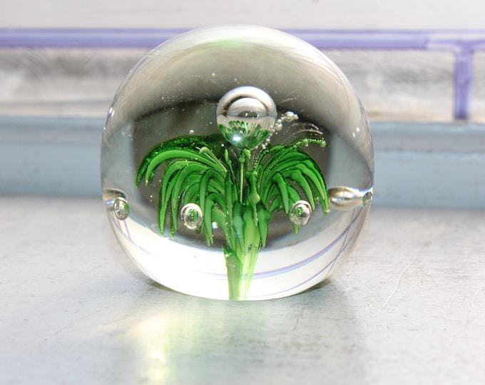 Vintage Art Glass Paperweight Green and Clear with Suspended Bubbles