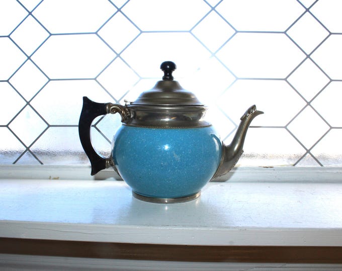 Antique Robin's Egg Blue Speckled Enamelware & Pewter Teapot Graniteware