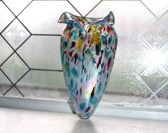 Vintage Glass Eye Studio Iridescent Art Glass Wall Pocket Vase
