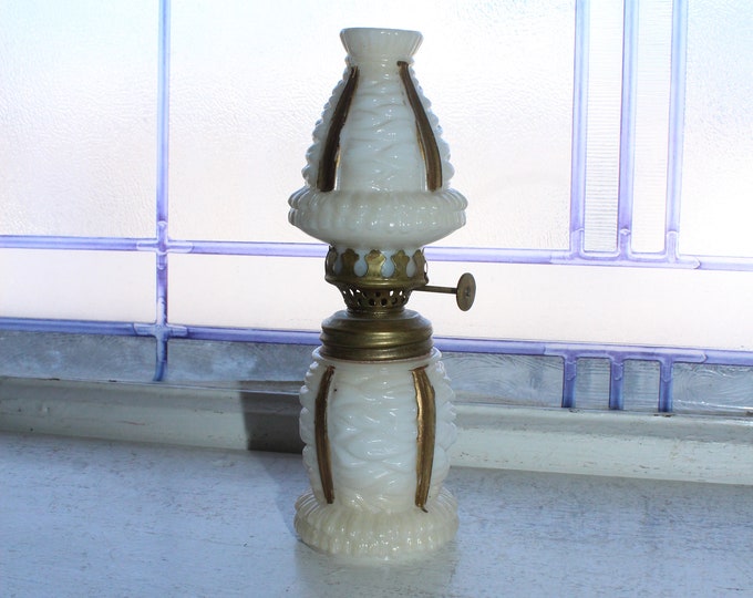 Antique Miniature Milk Glass Oil Lamp with Matching Shade