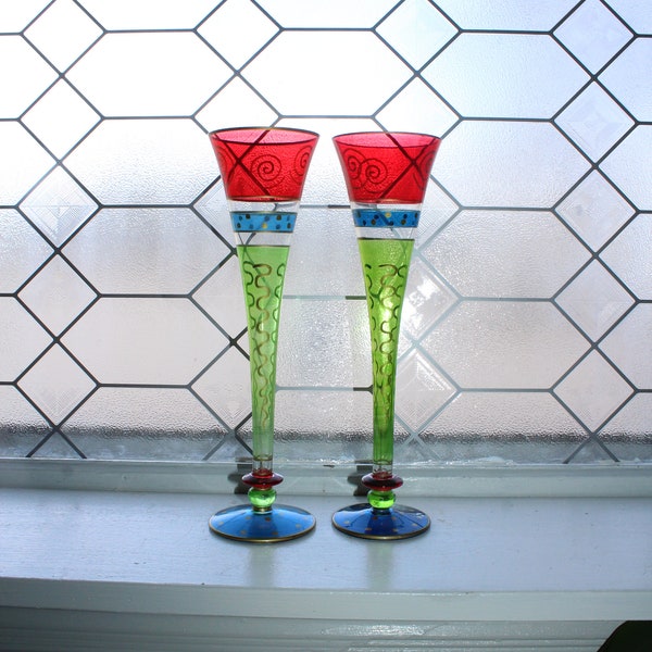 2 flûtes à champagne vintage peintes à la main rouge bleu vert