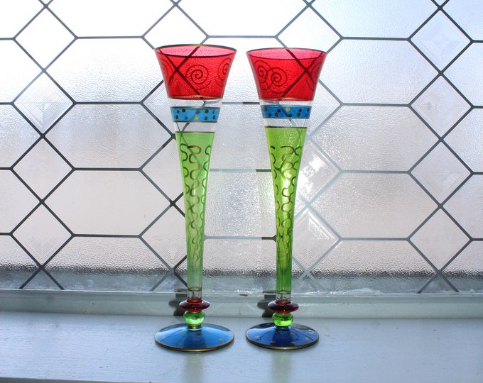 2 Vintage Hand Painted Champagne Flutes Glasses Red Blue Green