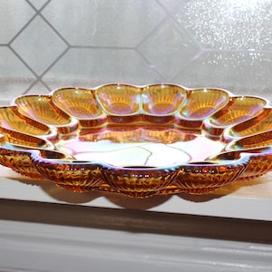 Indiana Carnival Glass Deviled Egg Plate Vintage Iridescent Amber