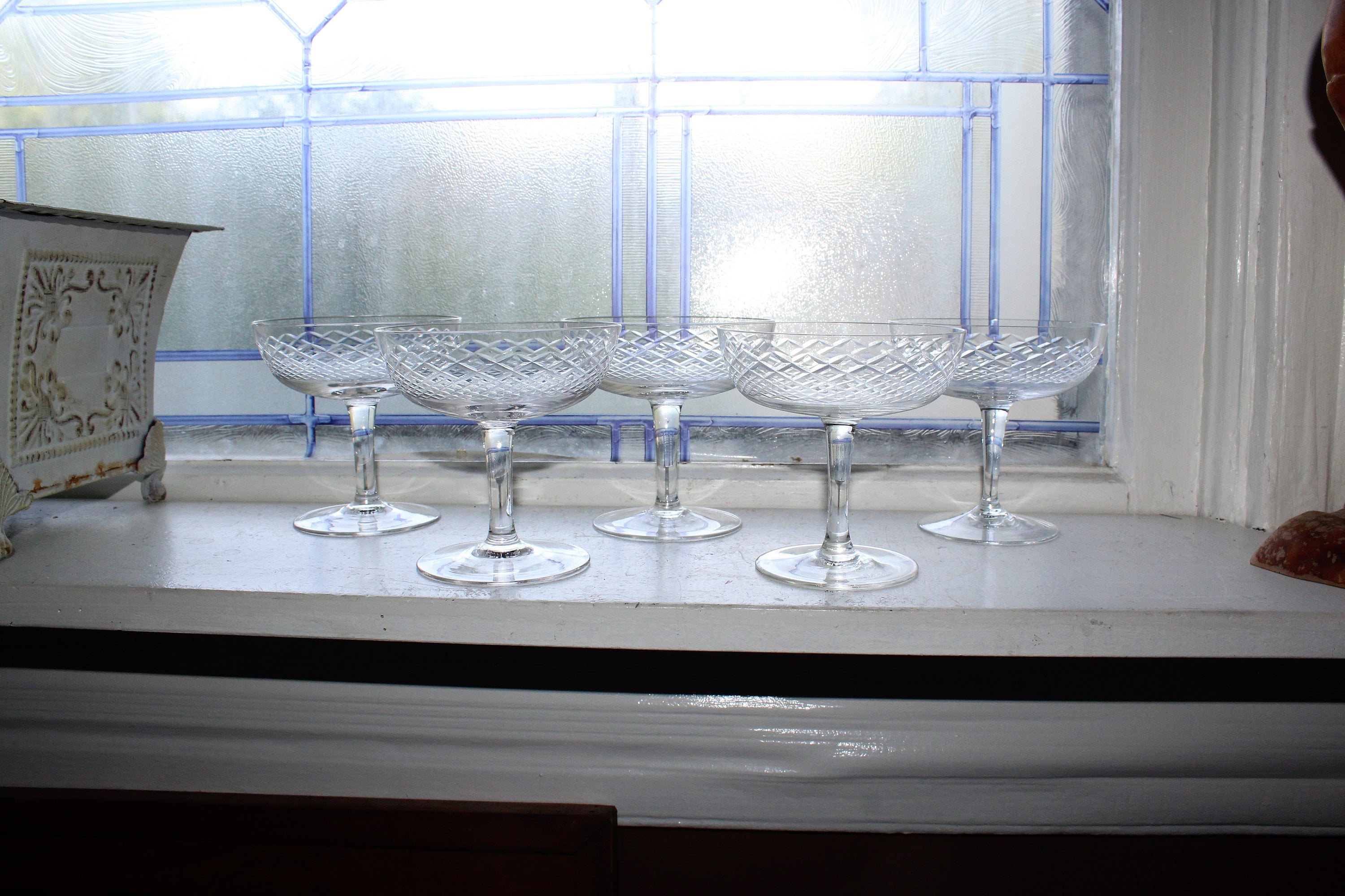 5 Art Deco Cut Crystal Champagne Coupes Glasses Vintage Barware