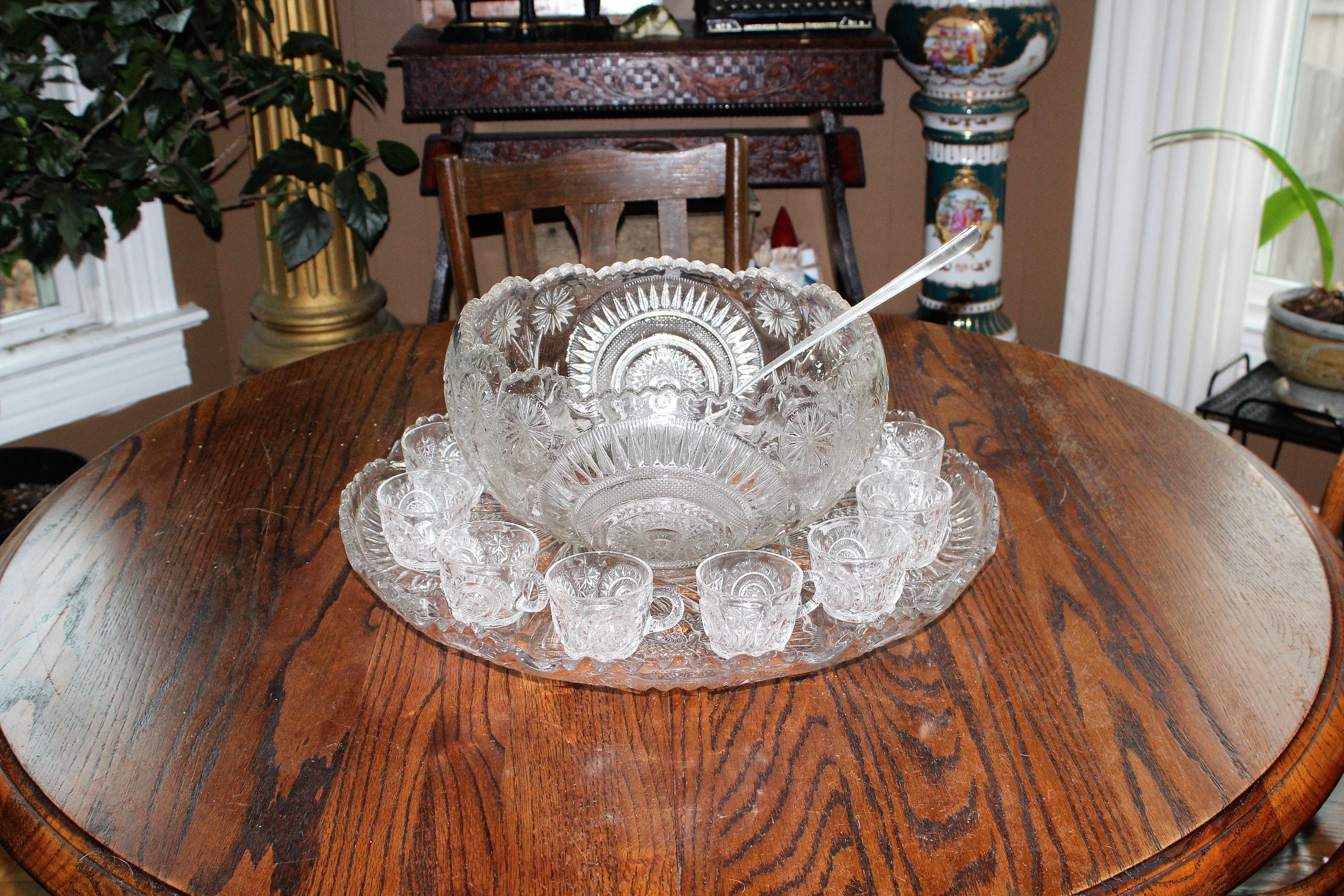 Huge EAPG Punch Bowl Slewed Horseshoe Radiant w/ Underplate Ladle & Cups