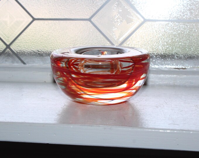 Kosta Boda Red Swirl Votive Candle Holder Vintage Art Glass