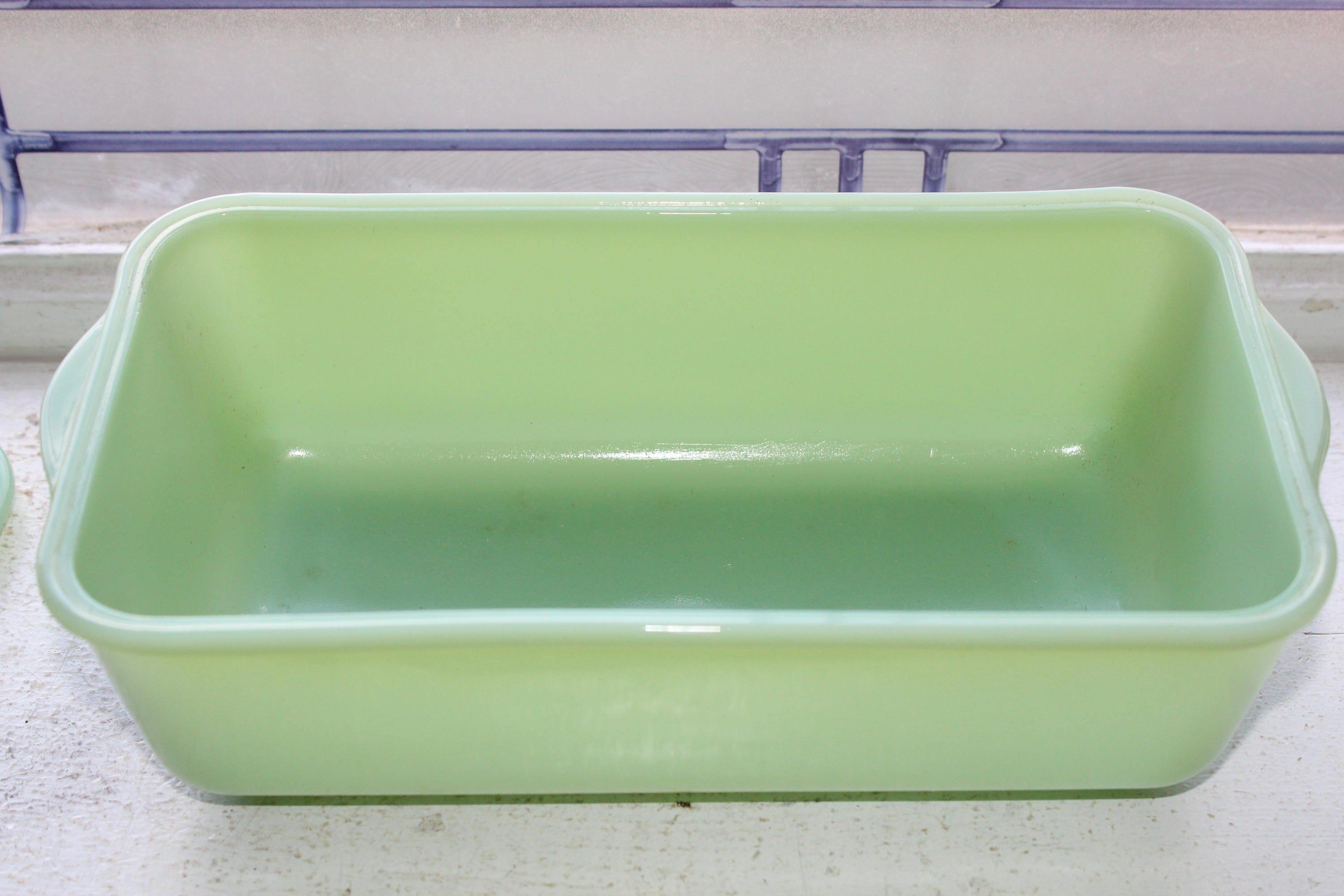 Jadite Loaf Pan Refrigerator Dish with Lid Philbe Fire King Glass
