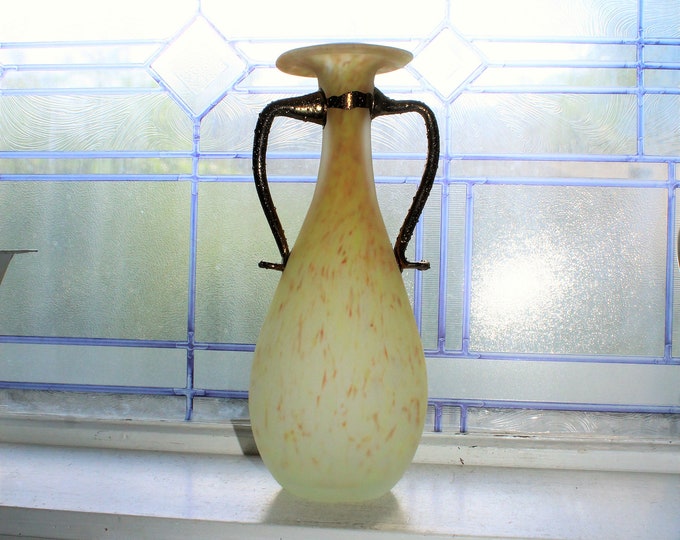 Large Vintage Romblast Glass Vase Hand Blown Yellow with Gold Handles