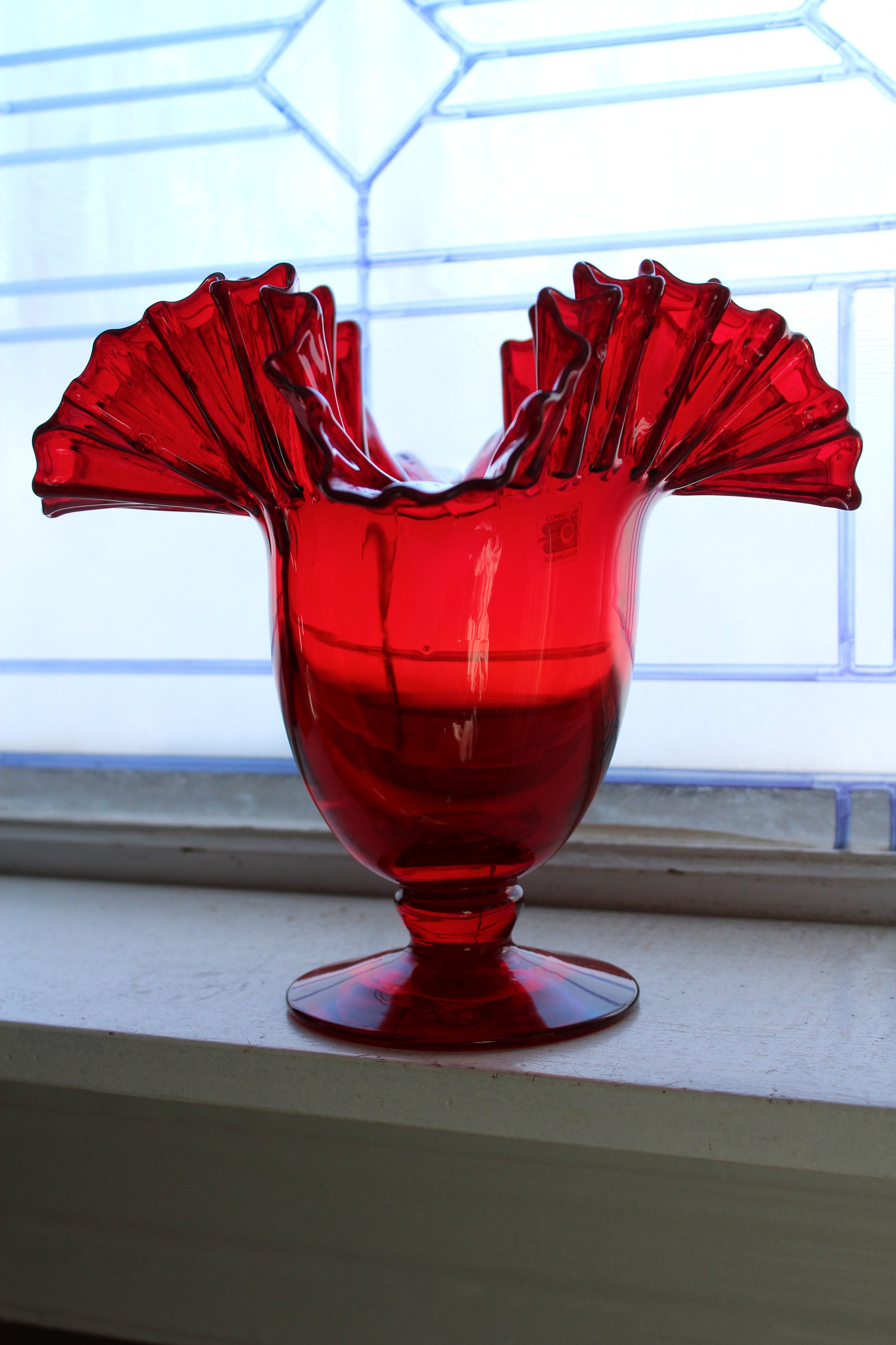 Large Red Blenko Glass Pedestal Vase with Ruffled Rim Vintage 1970s