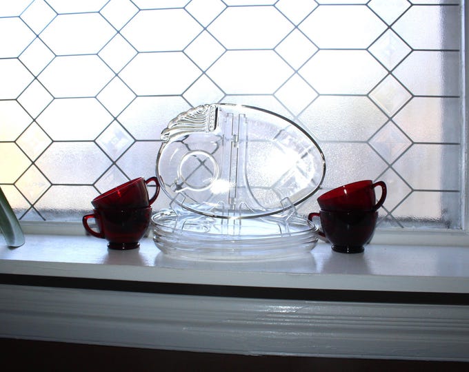 8 Pc Art Deco Glass Snack Set Hazel Atlas Parti-Ade Luncheon Plates & Cups
