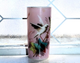 Antique Victorian Milk Glass Posy Vase Hand Painted Bird and Flowers