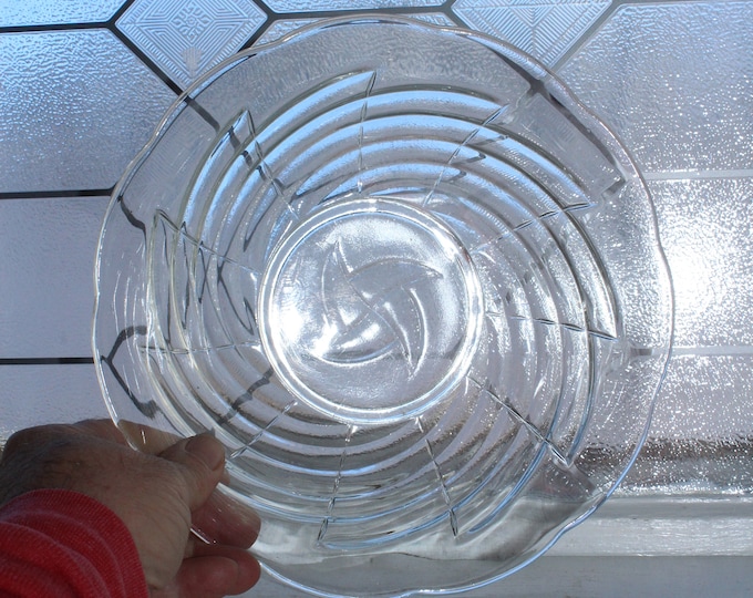 Vintage Glass Serving Bowl Spiral with Scalloped Rim