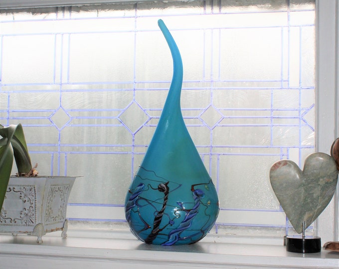 Large Vintage Viz Art Glass Turquoise Sculpture Hand Blown 21.5"