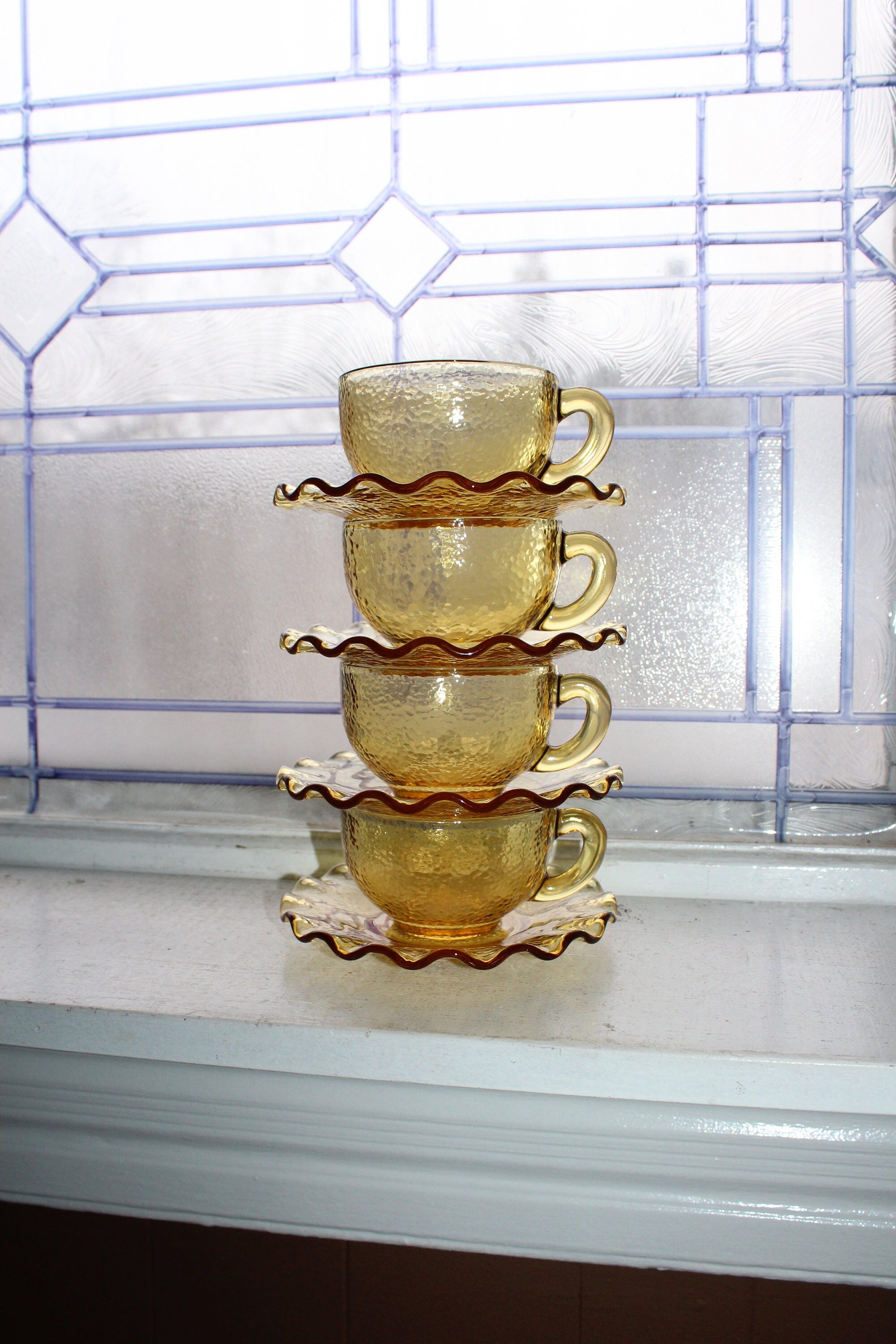 4 Vintage Textured Amber Glass Cups and Saucers Wavy Pie Crimp Rim