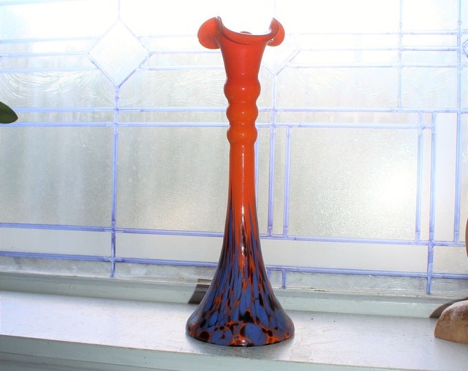 Large Vintage Art Deco Czech Tango Glass Vase Orange and Blue