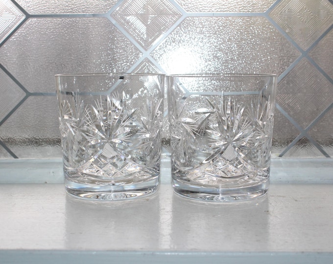 2 Vintage Cut Crystal Tumblers Old Fashioned Glasses Pinwheel Pattern