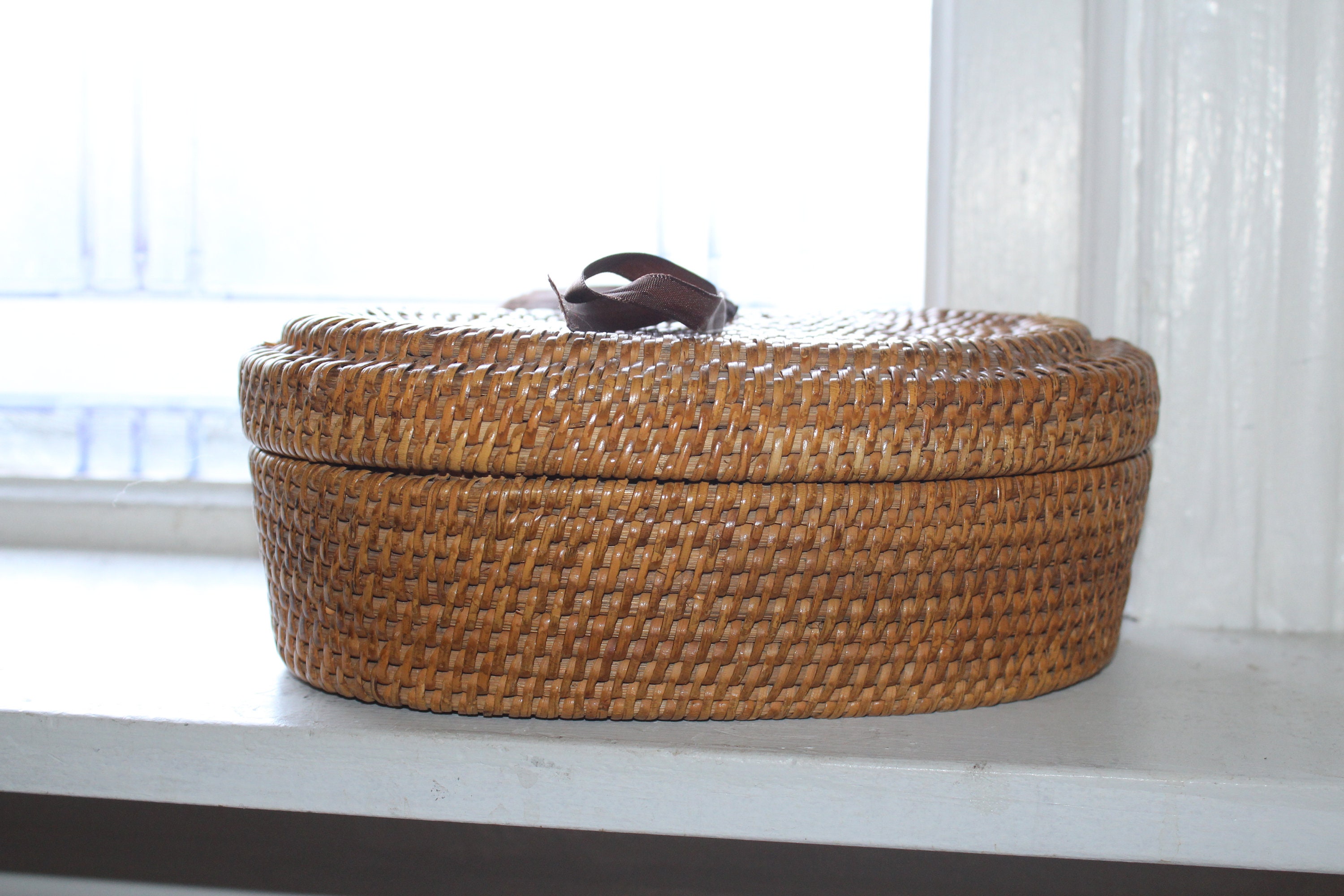 Finely Made Antique Wicker Sewing Basket with Lid