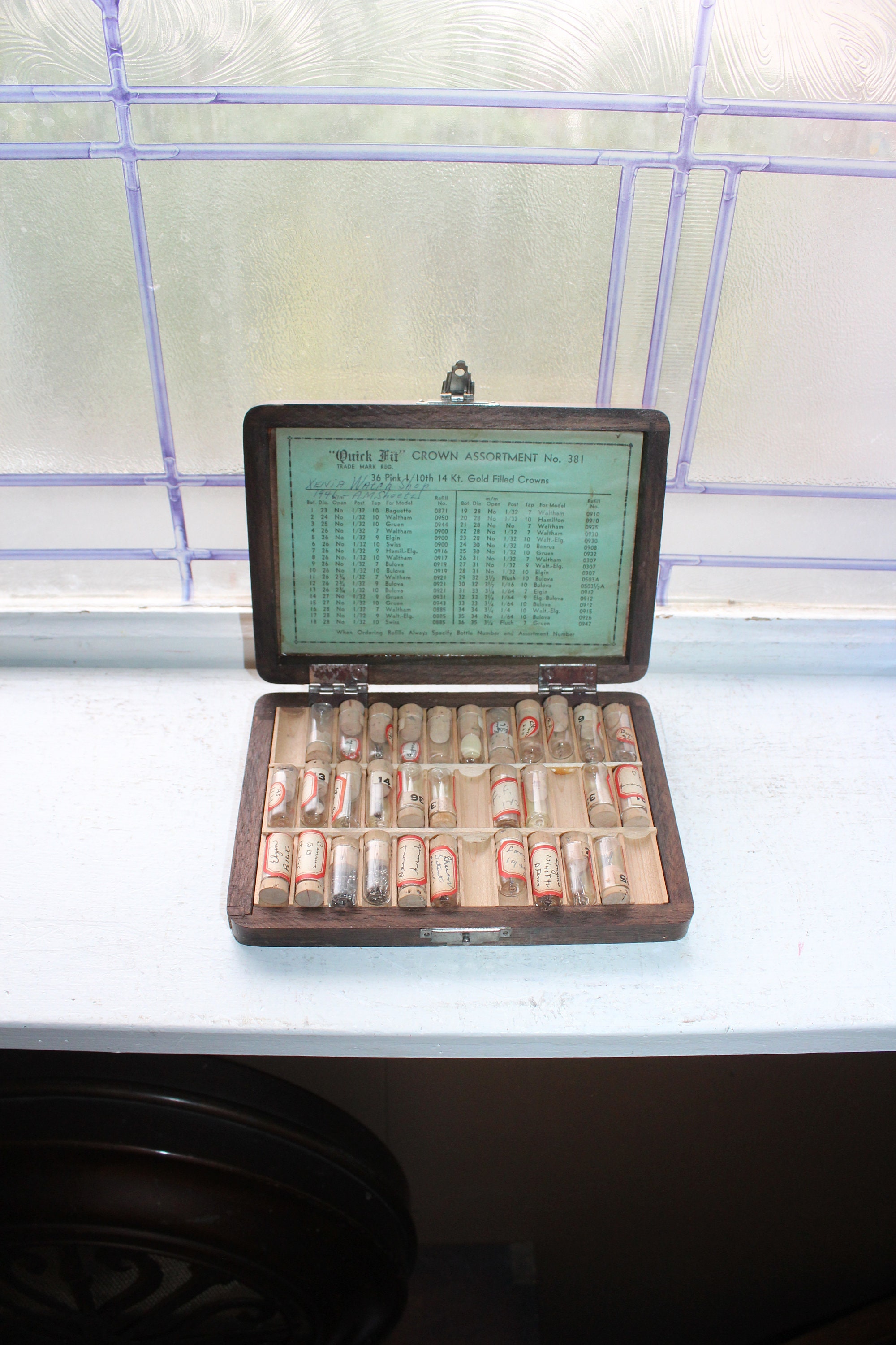 Vintage Wood Case of Watch Parts in Glass Vials