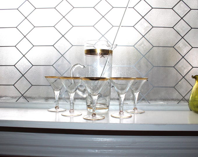 Vintage Gold Banded Martini Pitcher & 5 Glasses with Stir Stick Mid Century