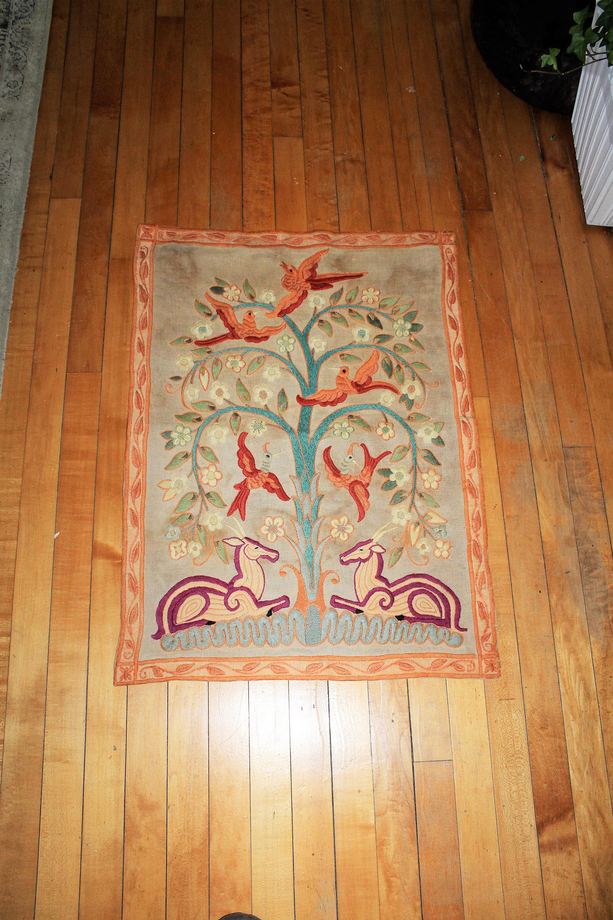 Vintage Embroidered Tapestry Folk Art Dated 1930 Gazelles Birds Tree