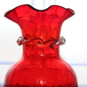 Vintage Mid Century Red Crackle Glass Vase with Clear Applied Ribbon image 3