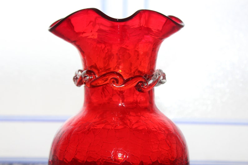 Vintage Mid Century Red Crackle Glass Vase with Clear Applied Ribbon image 3