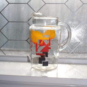 Mid Century Glass Pitcher with Ice Lip Red Yellow Black Vintage 1950s