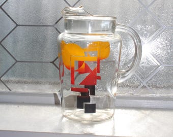 Mid Century Glass Pitcher with Ice Lip Red Yellow Black Vintage 1950s