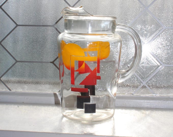 Mid Century Glass Pitcher with Ice Lip Red Yellow Black Vintage 1950s