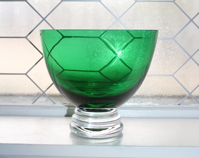 Vintage Emerald Green Crystal Fruit Bowl Clear Pedestal Base