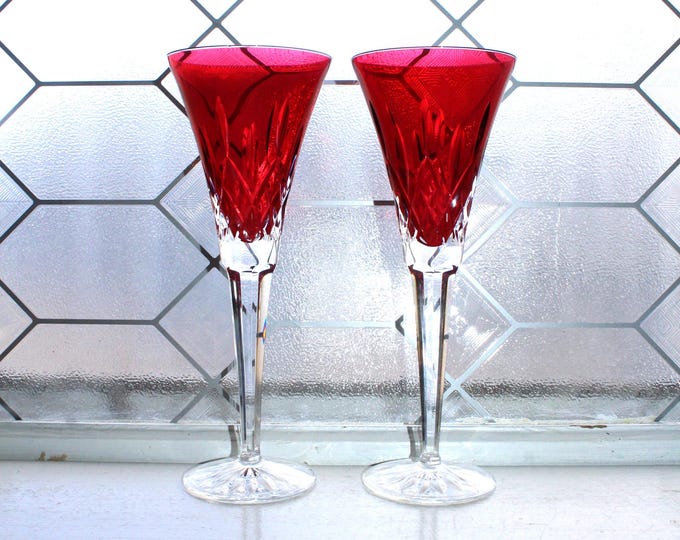 Pair of Waterford Crystal Lismore Crimson Red Champagne Toasting Flutes