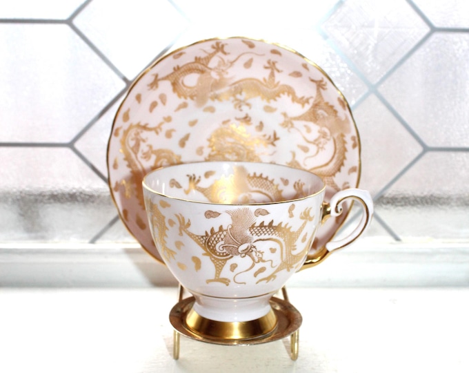Vintage Tuscan Bone China Tea Cup and Saucer Pink With Gold Dragons