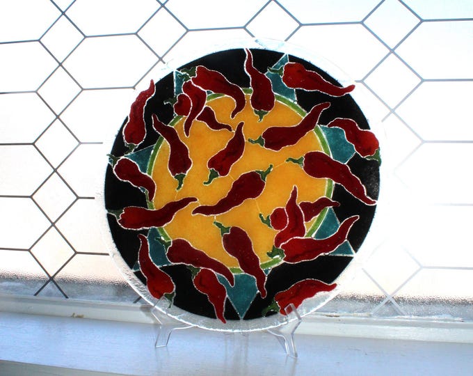 Large Vintage Peggy Karr Fused Glass Red Hot Chili Peppers Platter