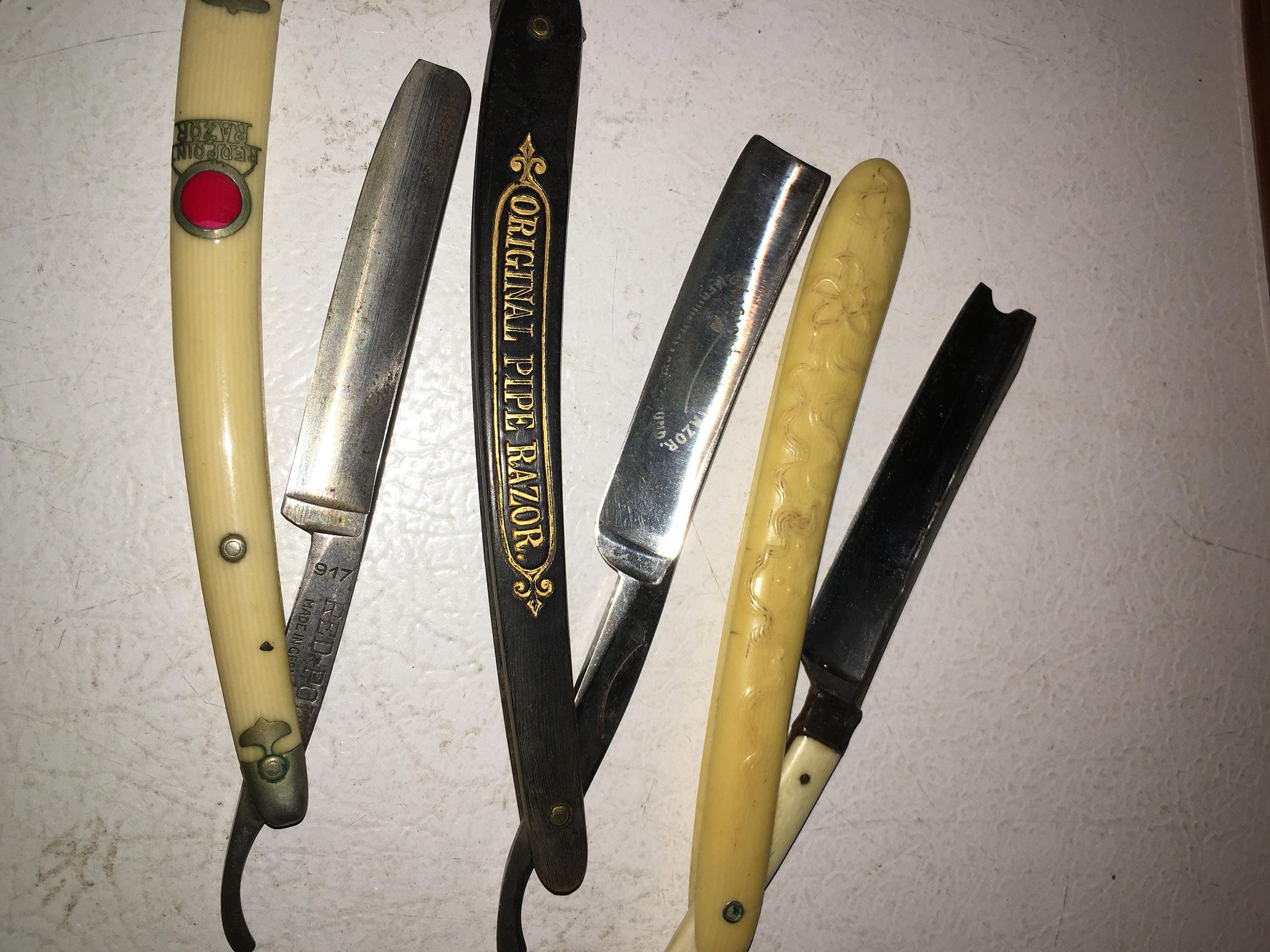 Antique Straight Razor Storage Box Caddy with 9 Razors 19th Century