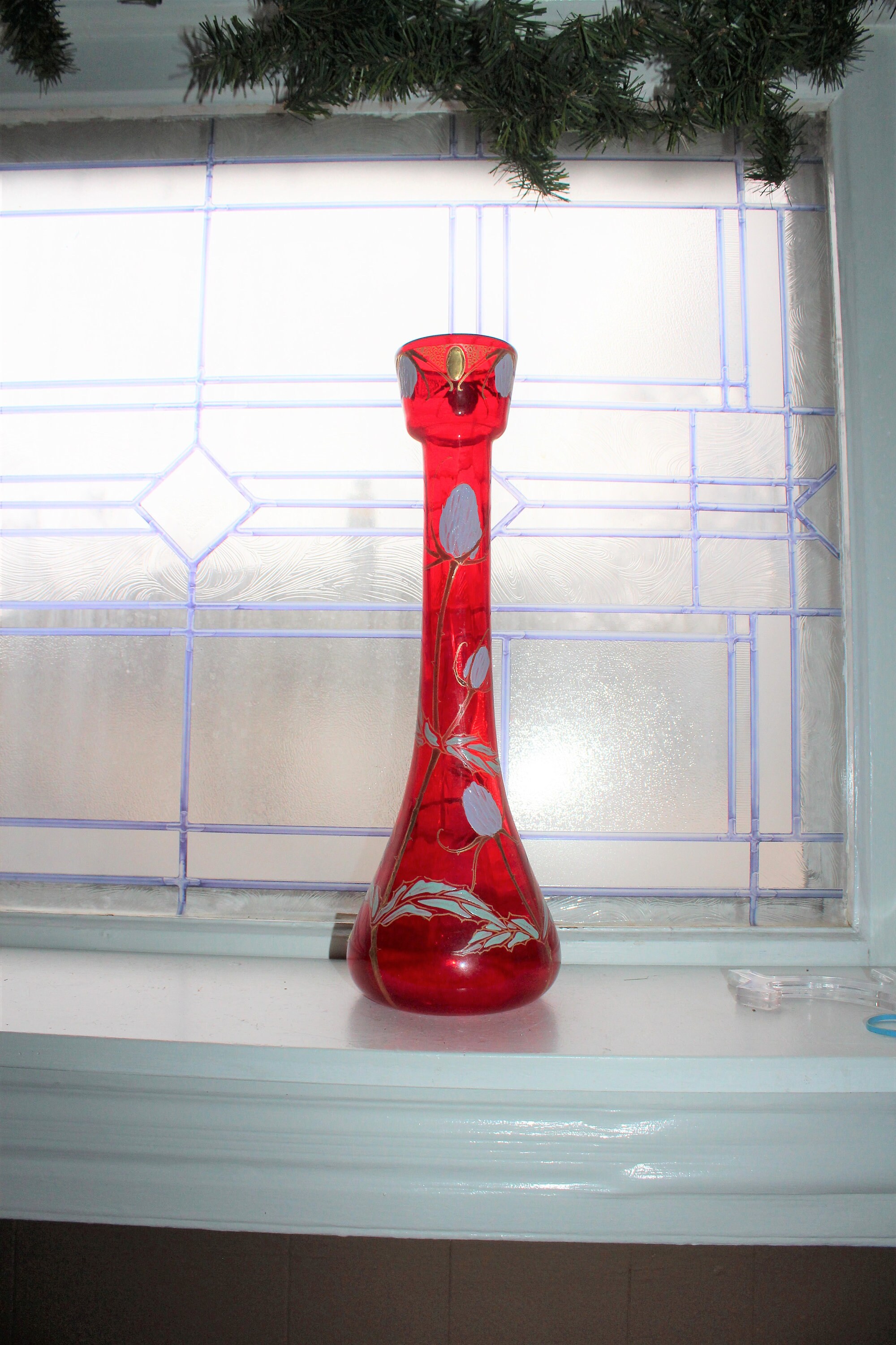 Large Antique Victorian Red Glass Vase Hand Painted White Flowers 15