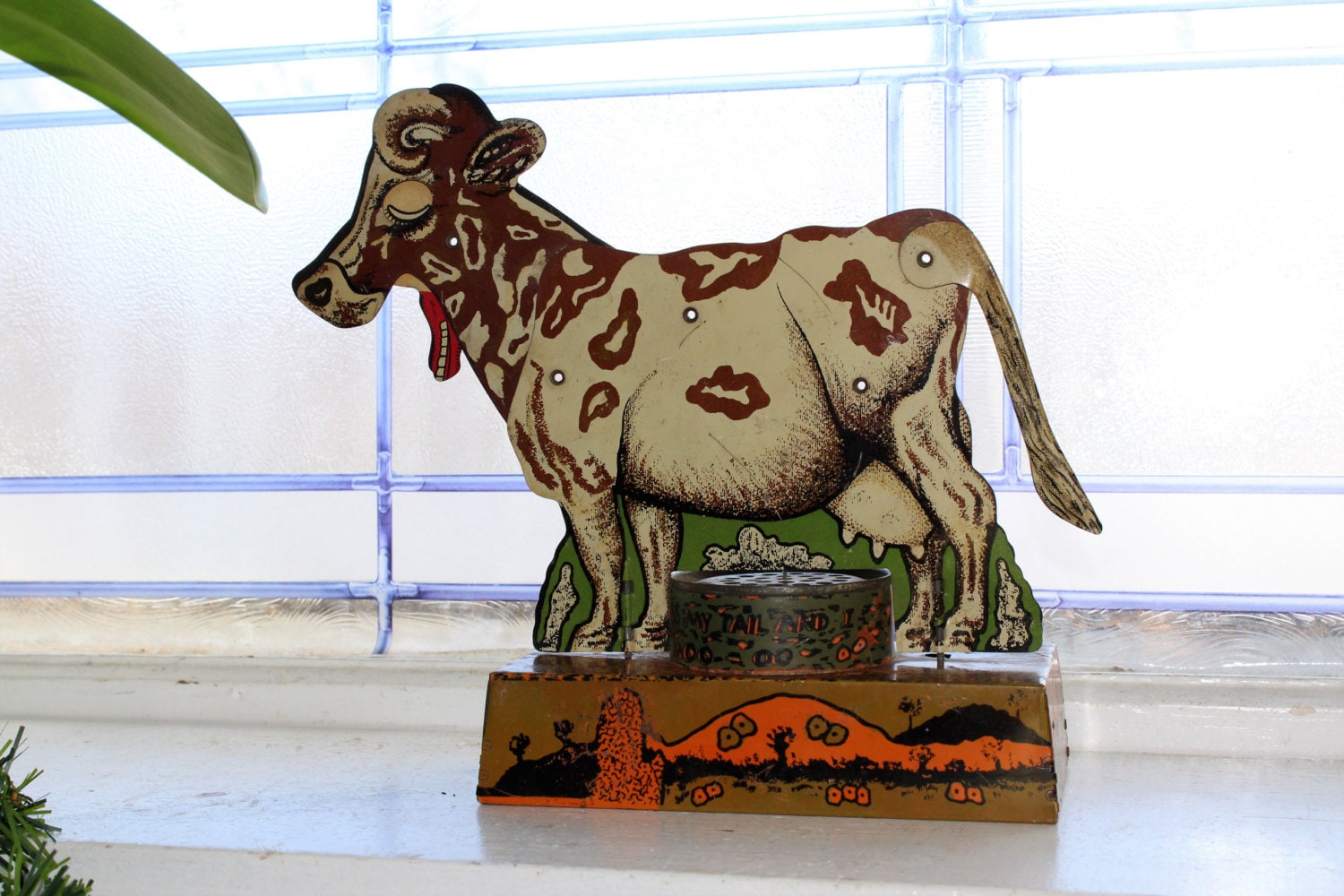 Antique Tin Toy Cow Pull My Tail and I Moo Mechanical Toy