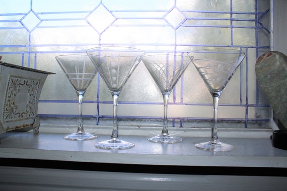 4 Large 1980s Wheel Cut Martini Glasses 