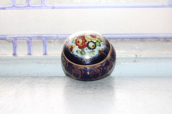 Vintage Limoges Trinket Box Cobalt Blue with Flow… - image 1