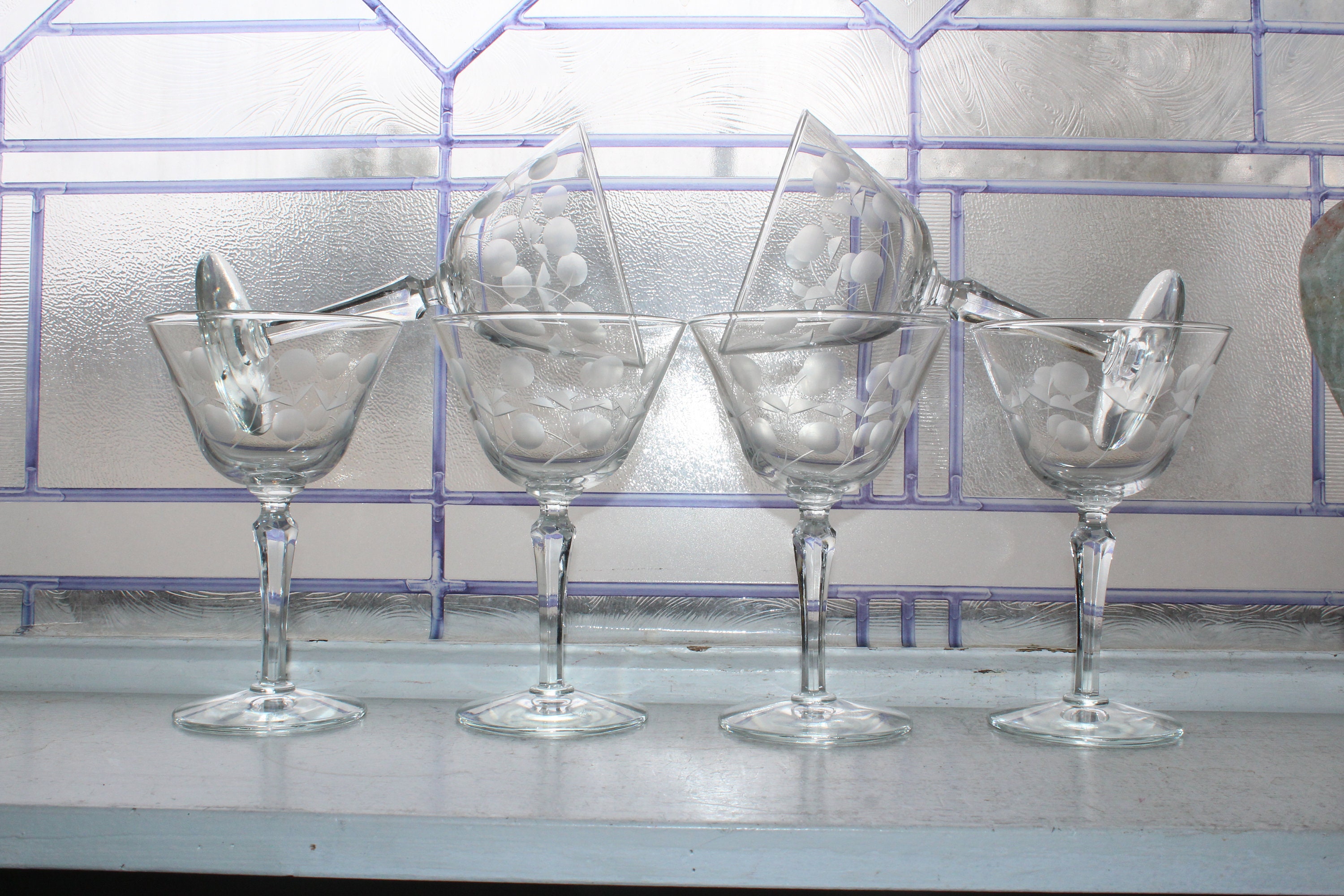 6 Vintage Art Deco Wheel Cut Crystal Wine or Cocktail Glasses