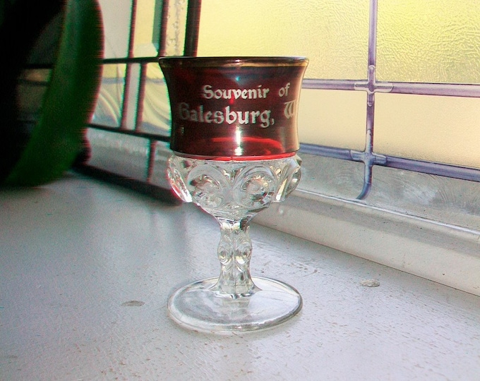 Antique Ruby Flashed Glass Mini Goblet Galesburg Wisconsin Souvenir