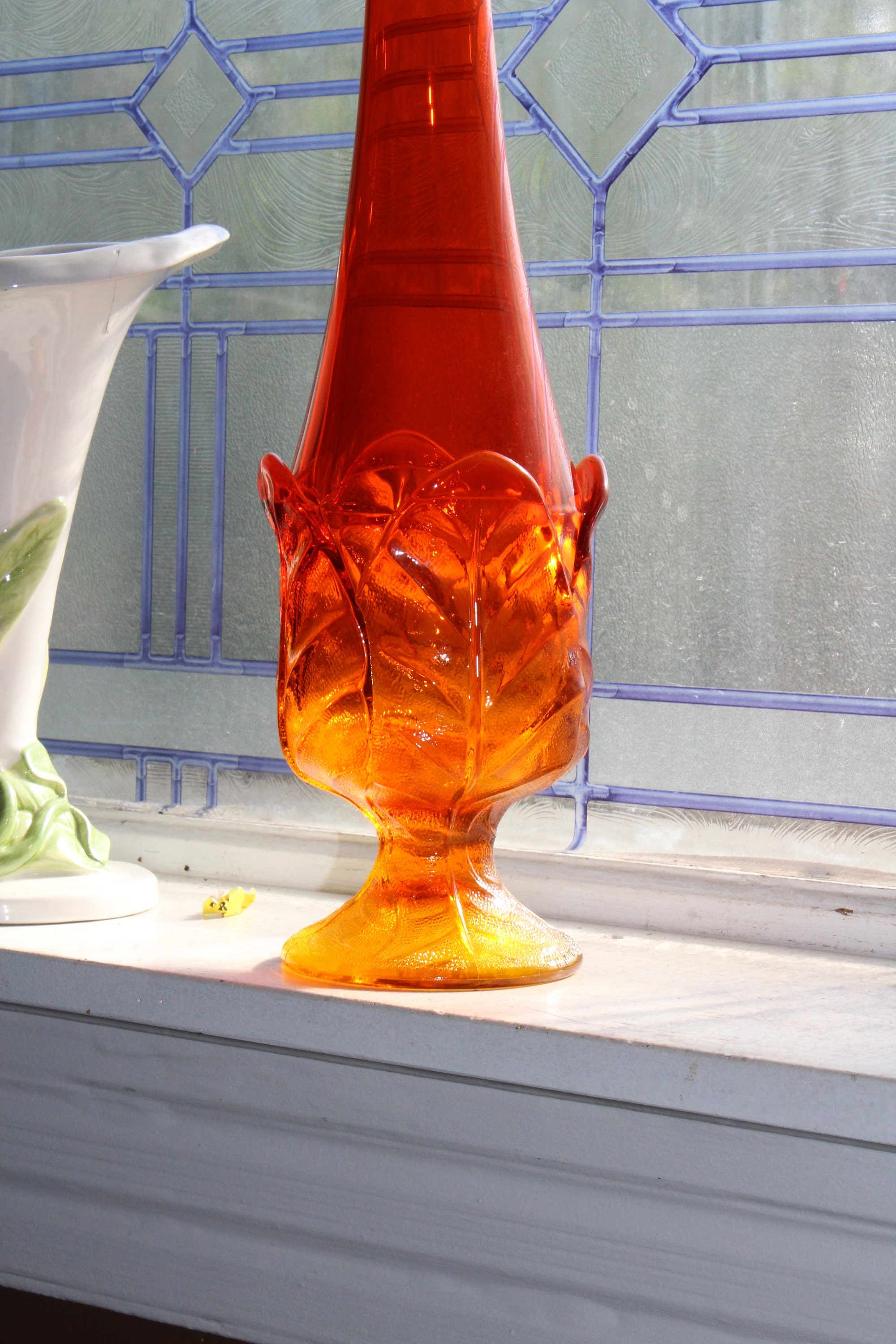 RESERVED FOR RON Large Amberina Swung Glass Cabbage Leaf Vase & Tiffin